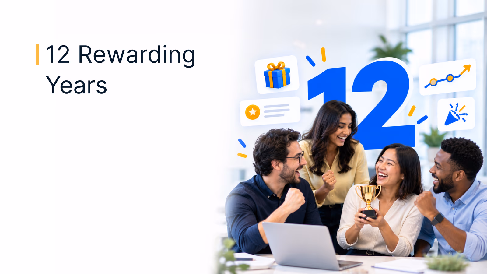 Xoxoday team celebrating 12 rewarding years with a trophy
