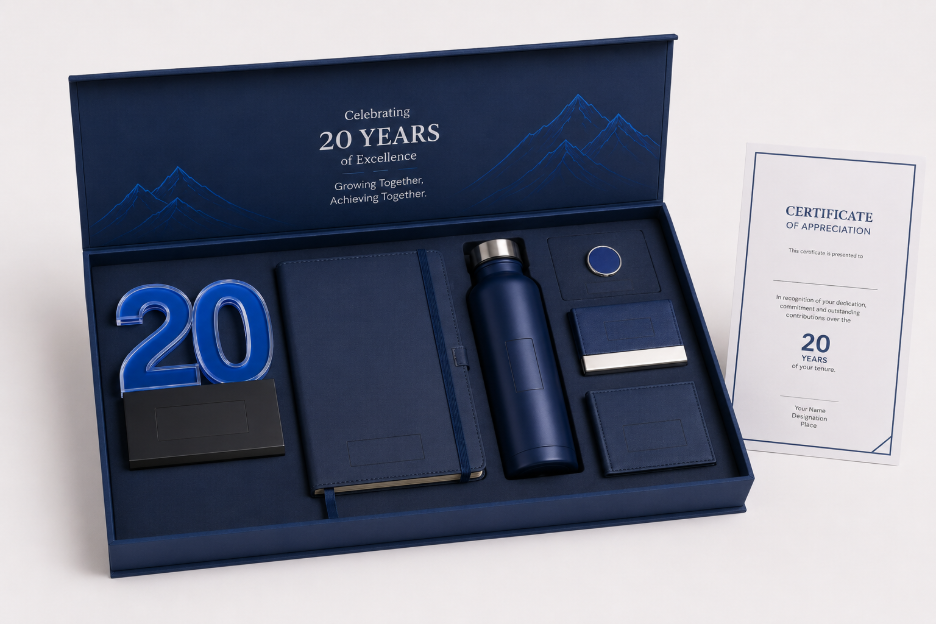 A 20-year milestone kit with an engraved trophy, notebook, water bottle, and certificate of appreciation