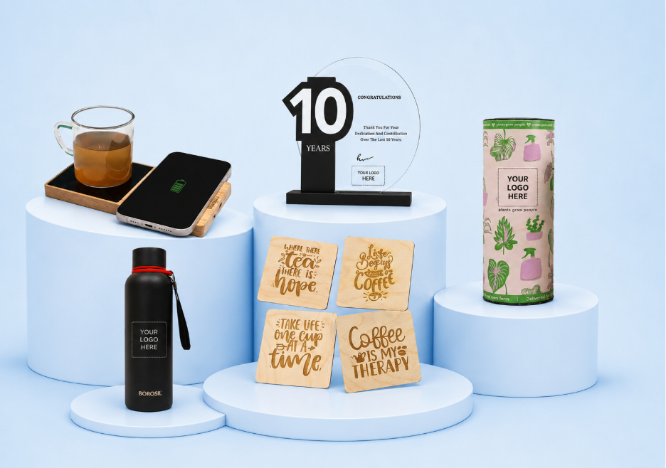 A sustainable milestone box with a reusable water bottle, wireless charger, engraved wooden coasters, and a live plant in a branded tube