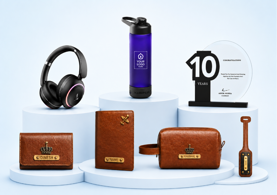 A travel enthusiast milestone box with headphones, a smart water bottle, a personalized passport holder, luggage tag, and 10-year trophy
