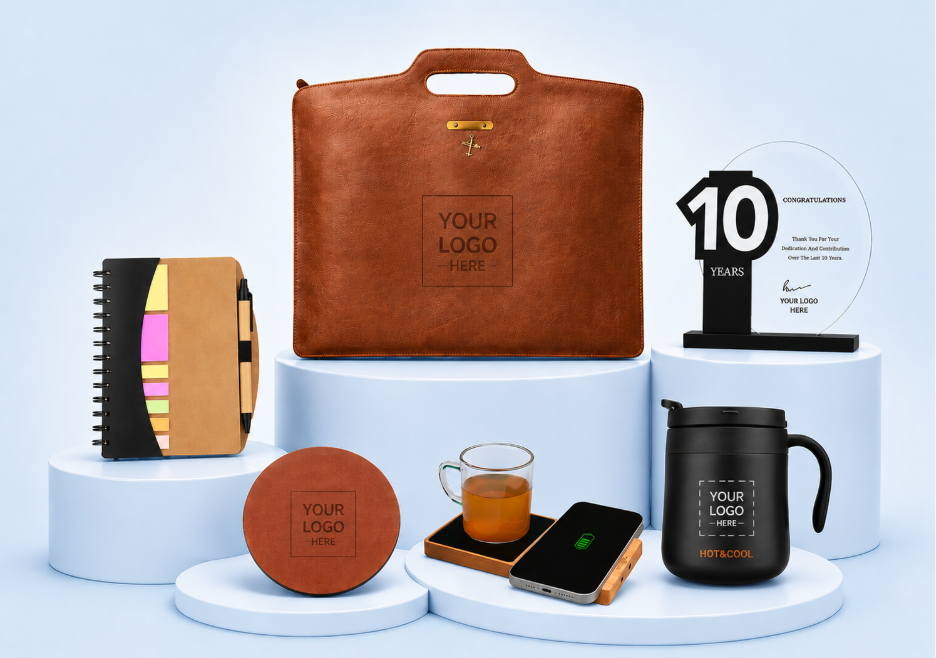 A branded workplace essentials milestone box with a laptop bag, notepad, coaster, wireless charger, mug, and 10-year trophy