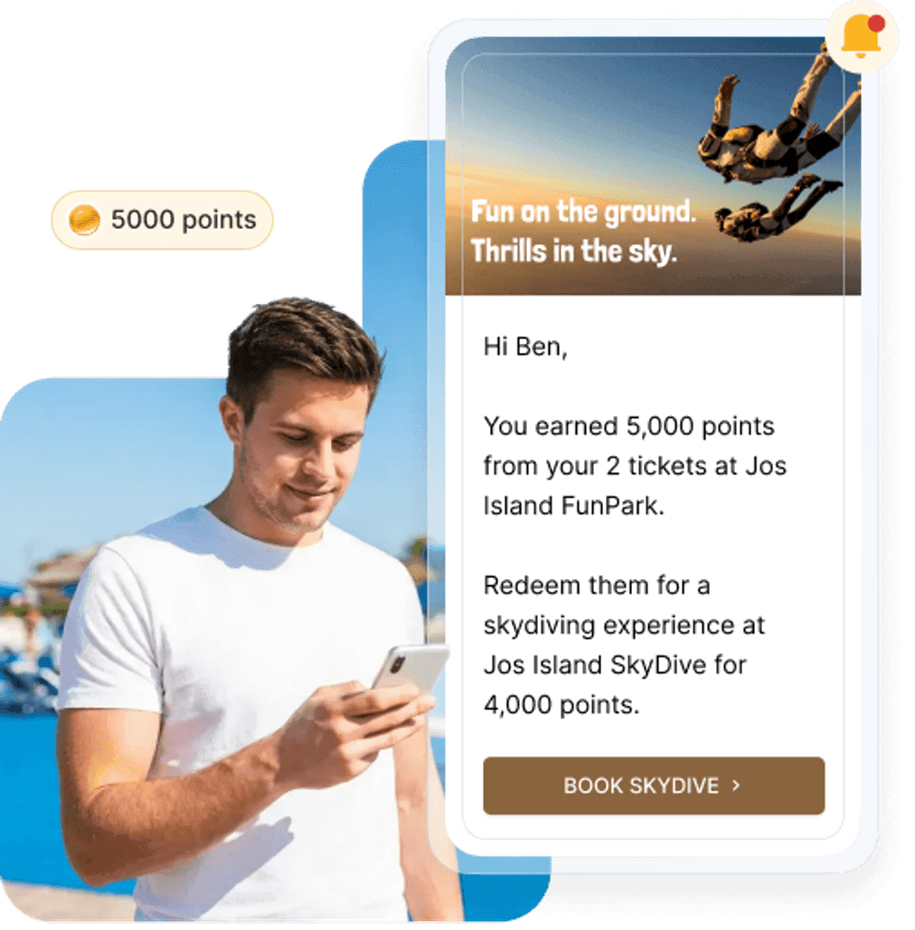 Enterprise multi-brand loyalty: member earns 5,000 points and redeems for a skydive experience