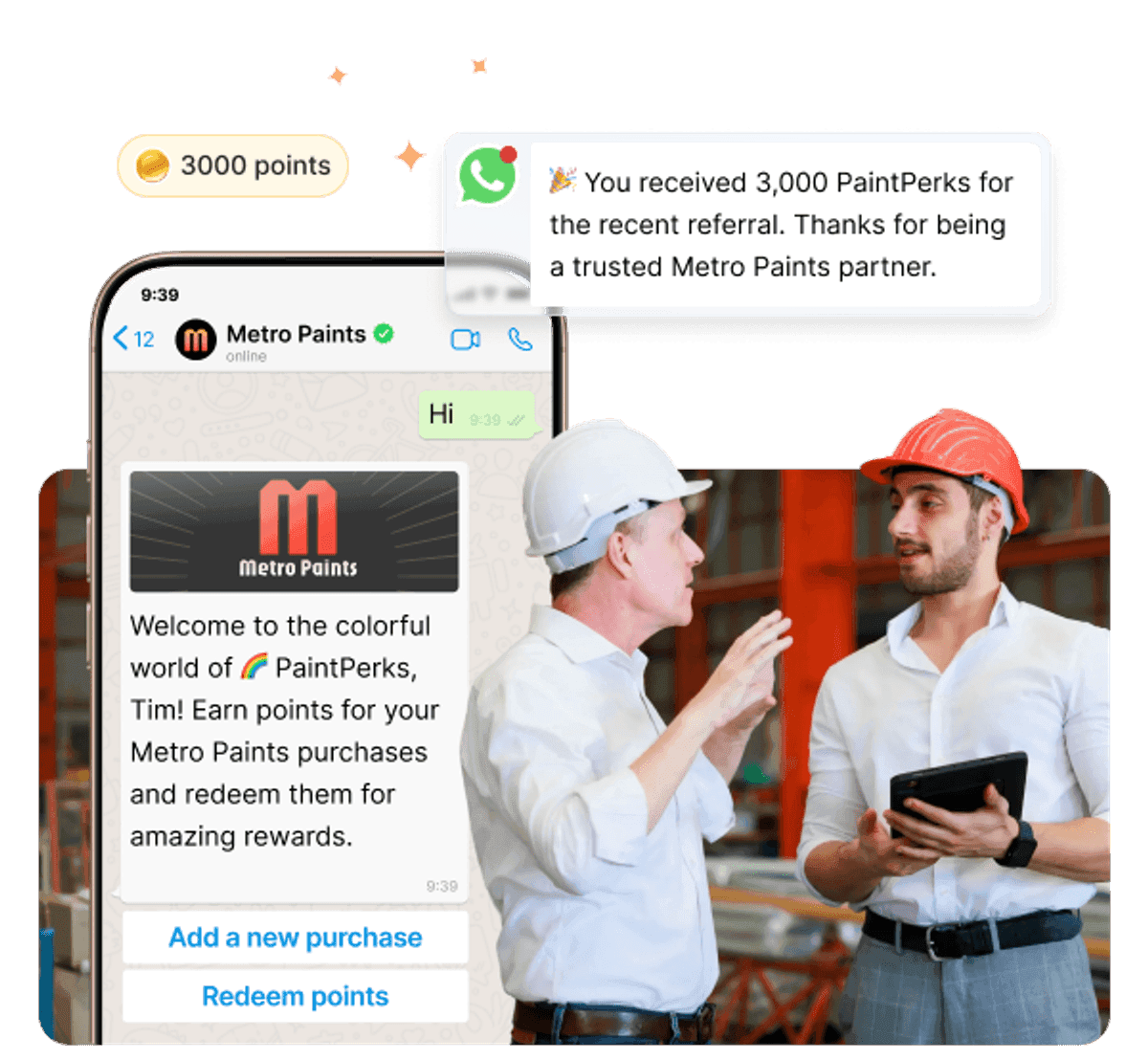 Influencer loyalty - WhatsApp chat with PaintPerks, 3000 points notification