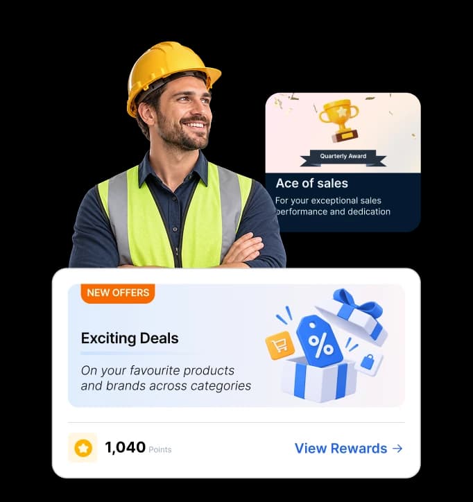A tradesperson beside their rewards: an Ace of sales quarterly award, new product offers, and a 1,040-point balance