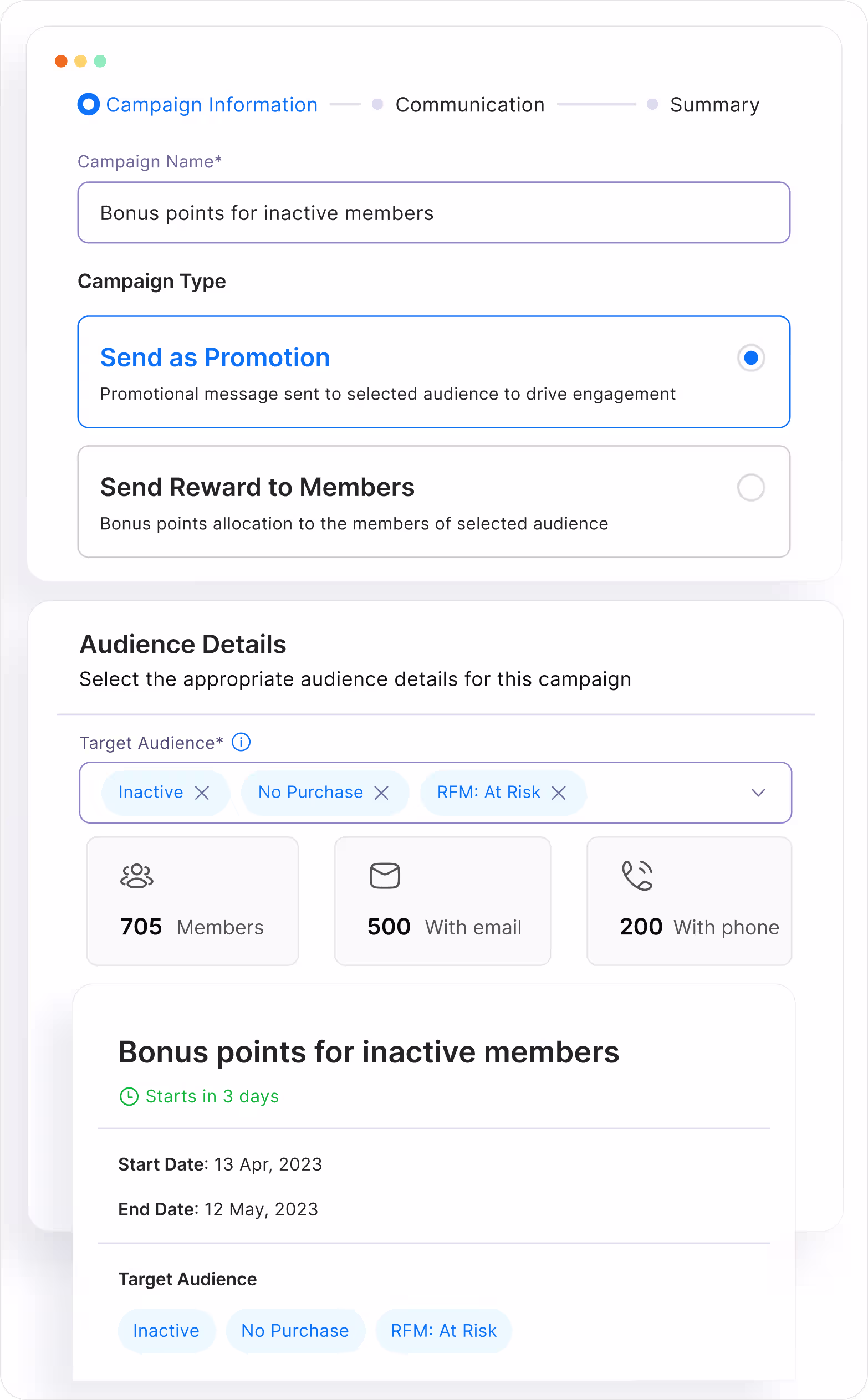 Campaign builder with audience segment, offer setup, A/B variants, and live performance funnel