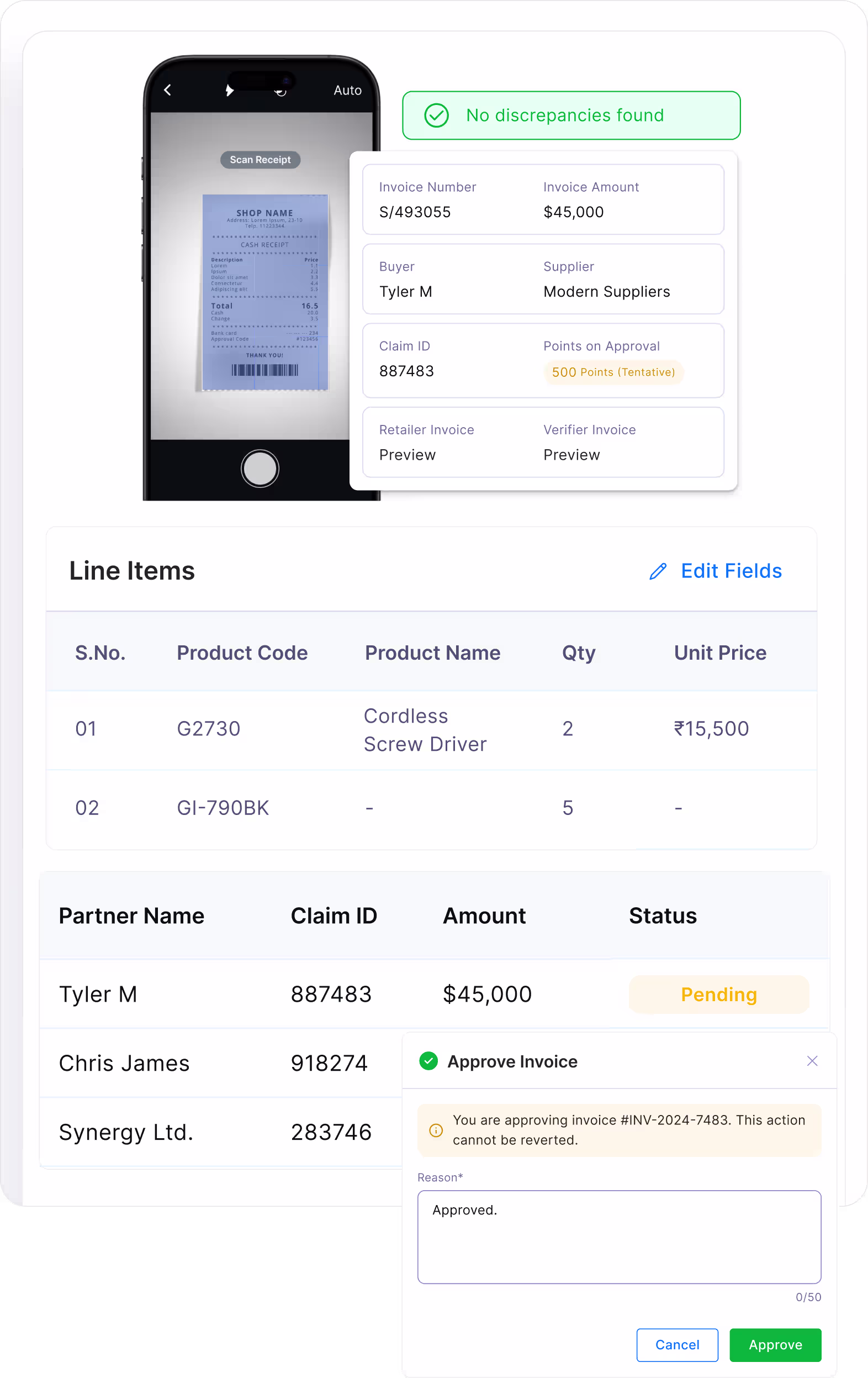 Claims management workflow with invoice scan, intake, validation, approval routing, and audit log