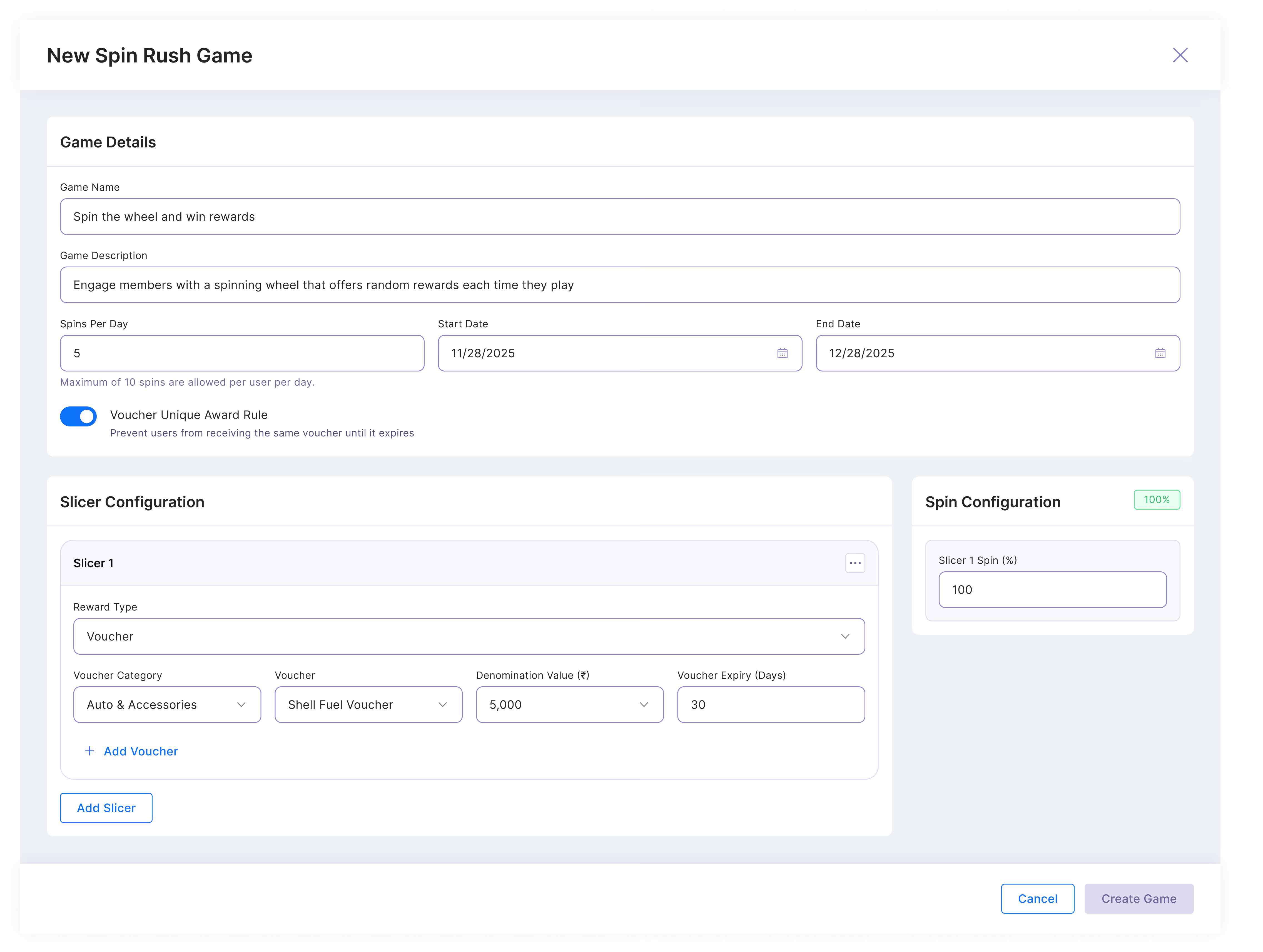 Gamification game editor form with game details, slicer, and spin configuration