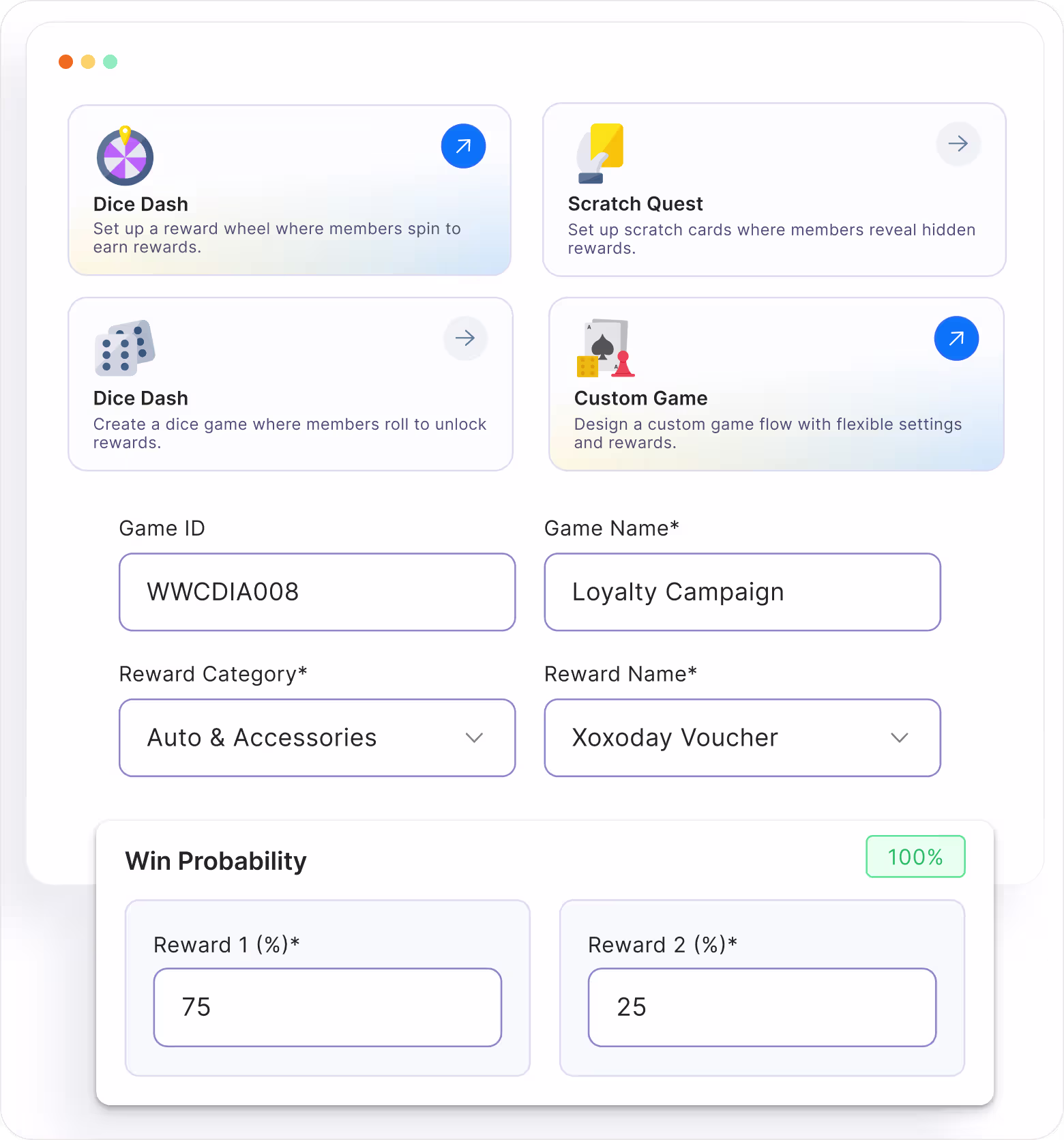 Gamification dashboard with game cards, configuration form, and win probability settings