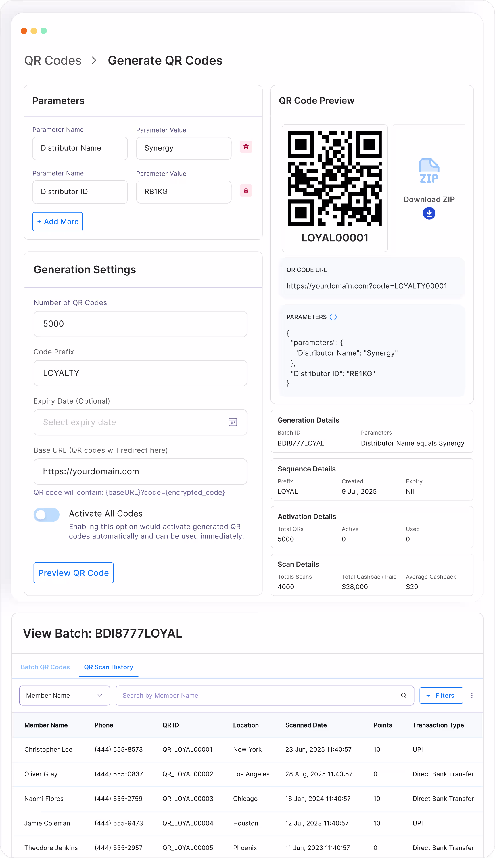 QR code batch configuration with signed payloads, scan actions, and fraud checks