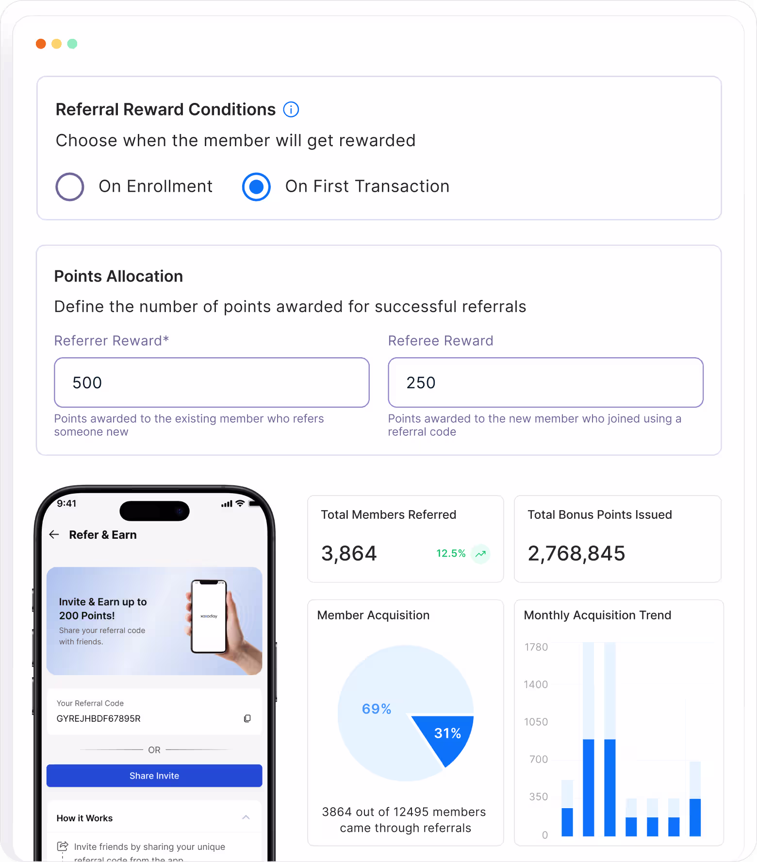 Referrals dashboard with reward conditions, points allocation, and member acquisition analytics
