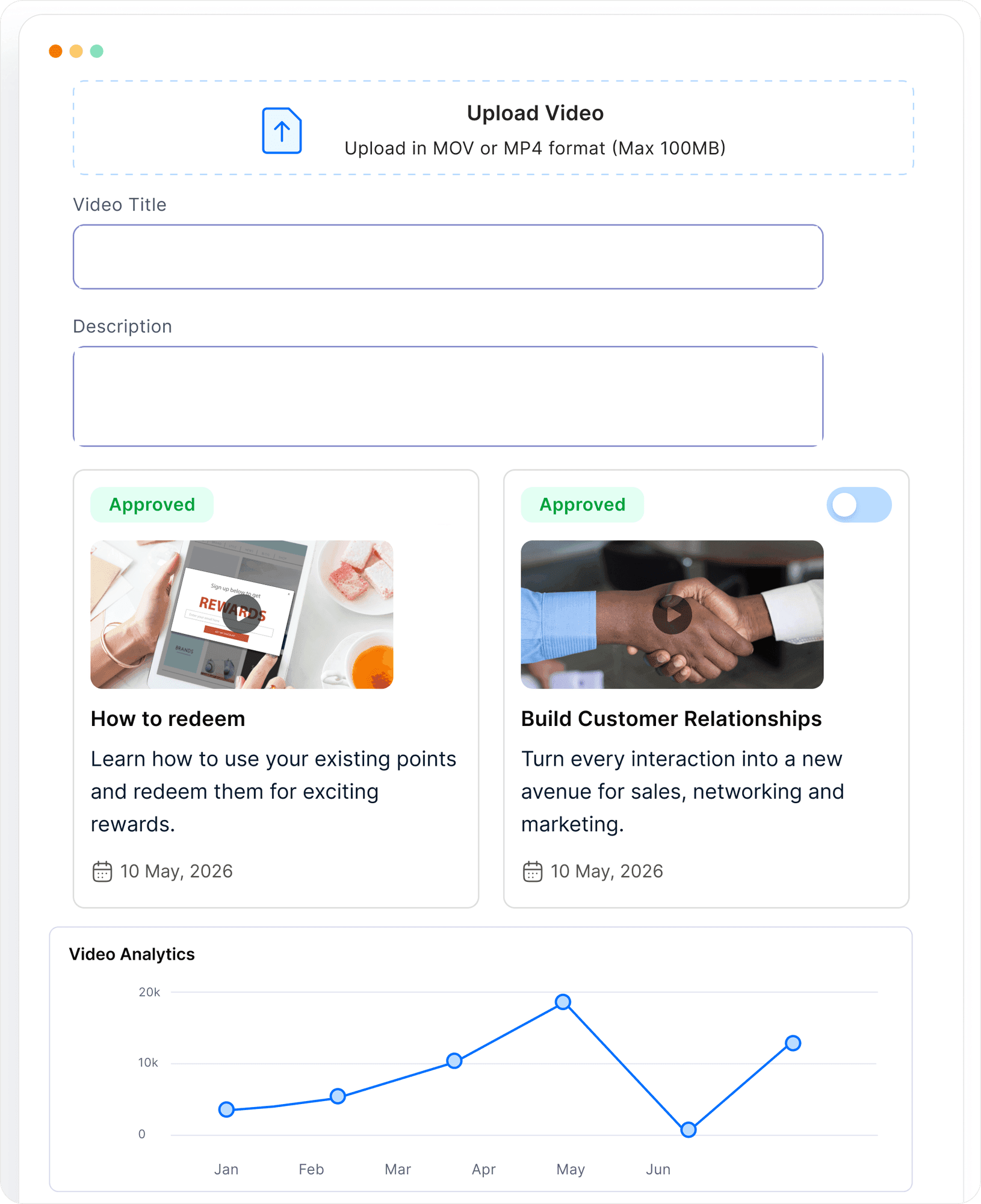 Video management console with upload, watch tracking, completion threshold, and reward triggers