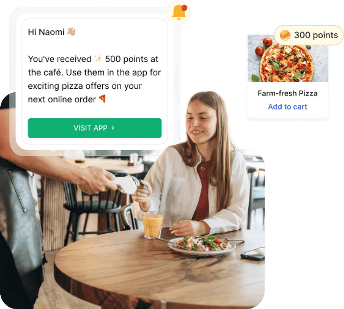Omnichannel loyalty - member receives 500 points at café, redeems via app