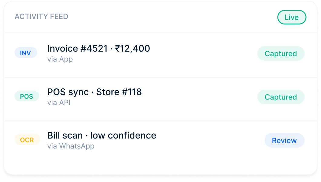 Live activity feed with invoice POS and OCR capture