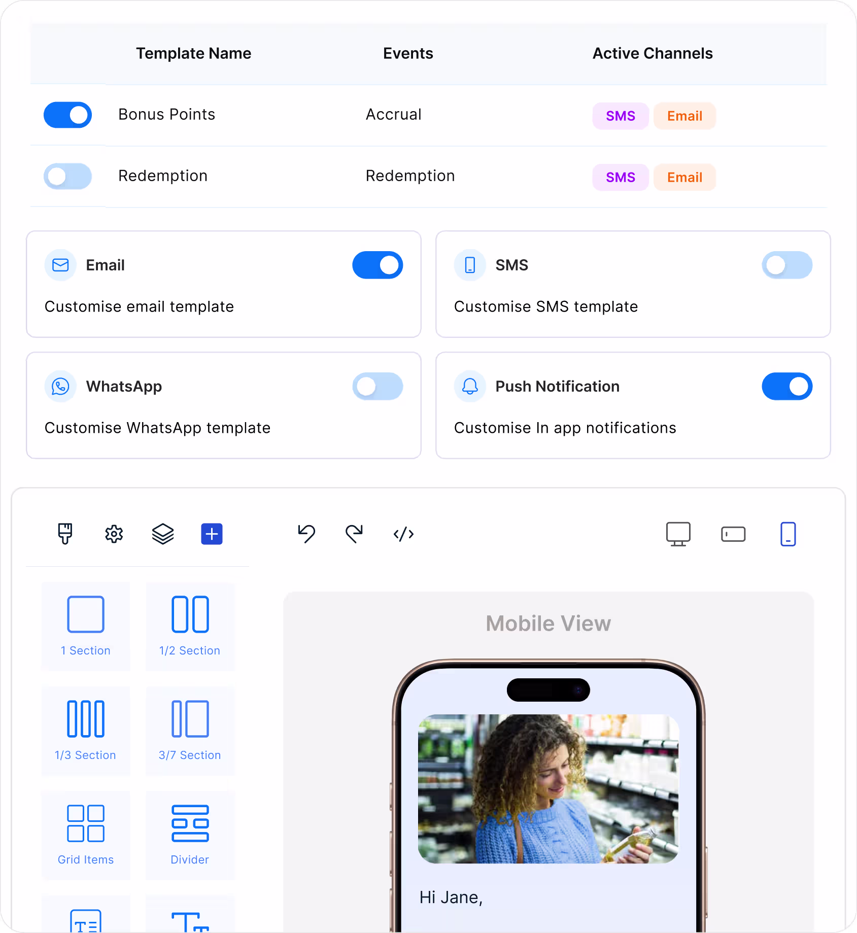Communications template editor with channels and personalization