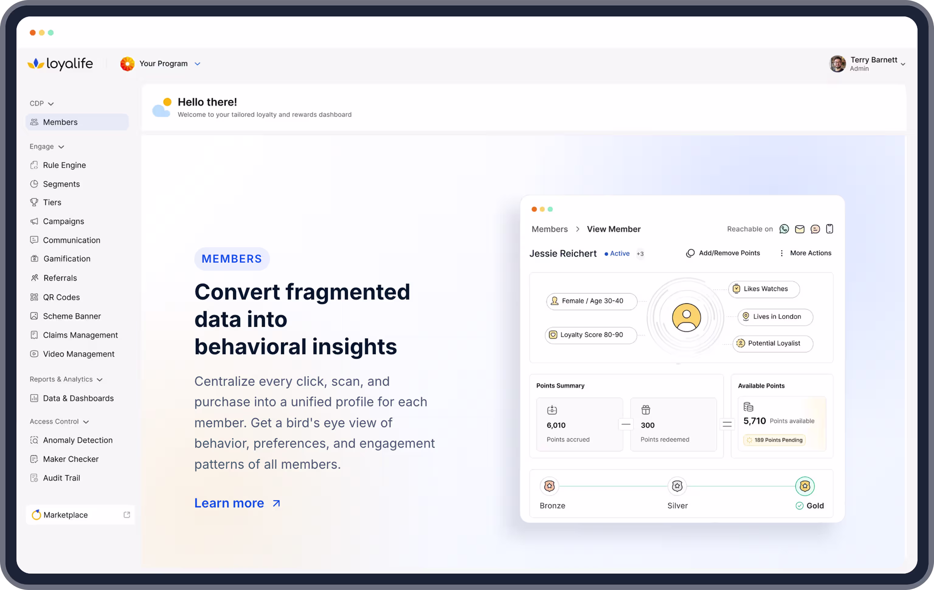 Loyalife dashboard - Members view turning fragmented data into behavioral insights.