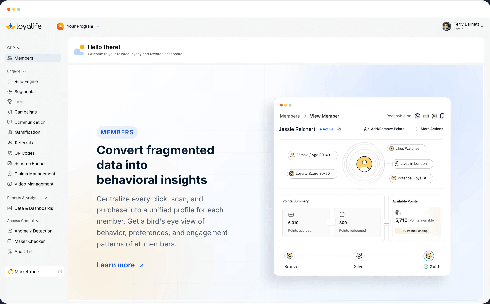 Loyalife loyalty dashboard showing a unified member profile