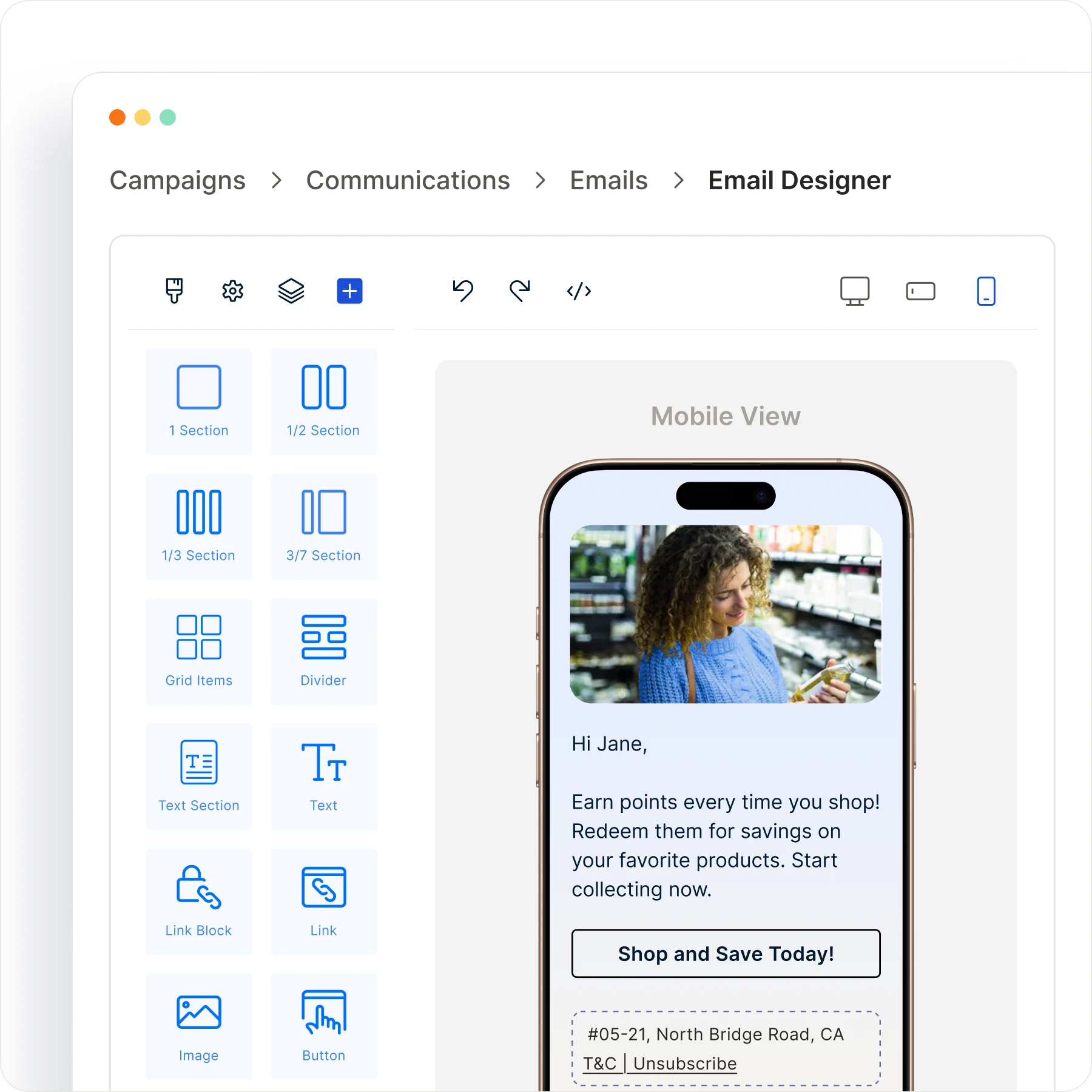 Email designer with section blocks and a mobile preview of the campaign