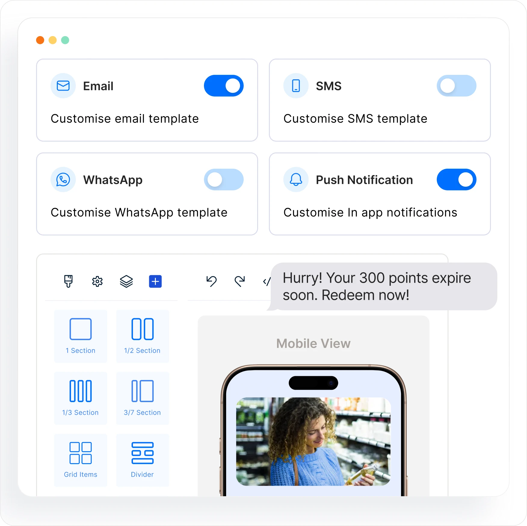 Email, SMS, WhatsApp and push channel toggles beside the template designer