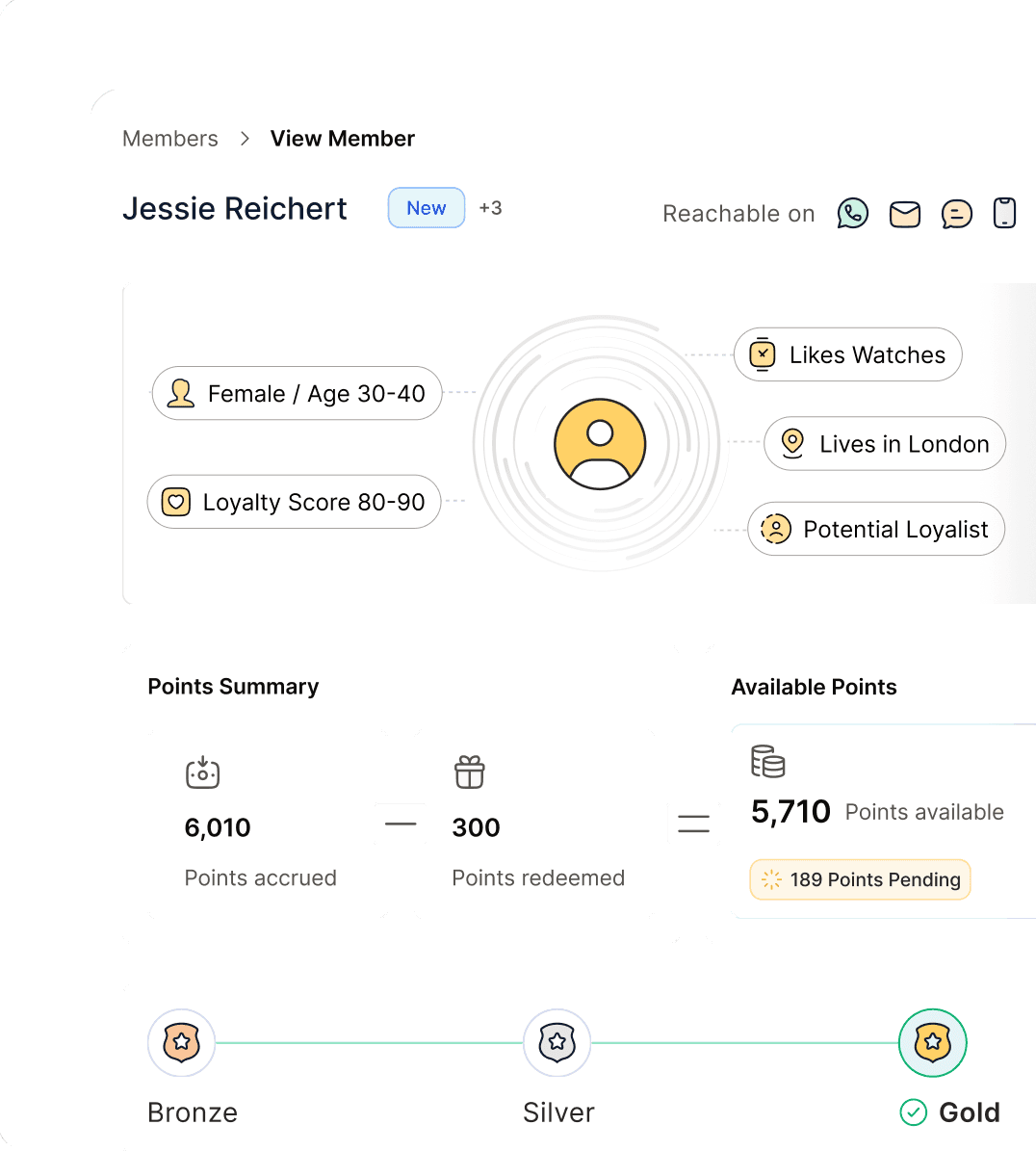 Member 360 view with attributes, points summary, and tier progress