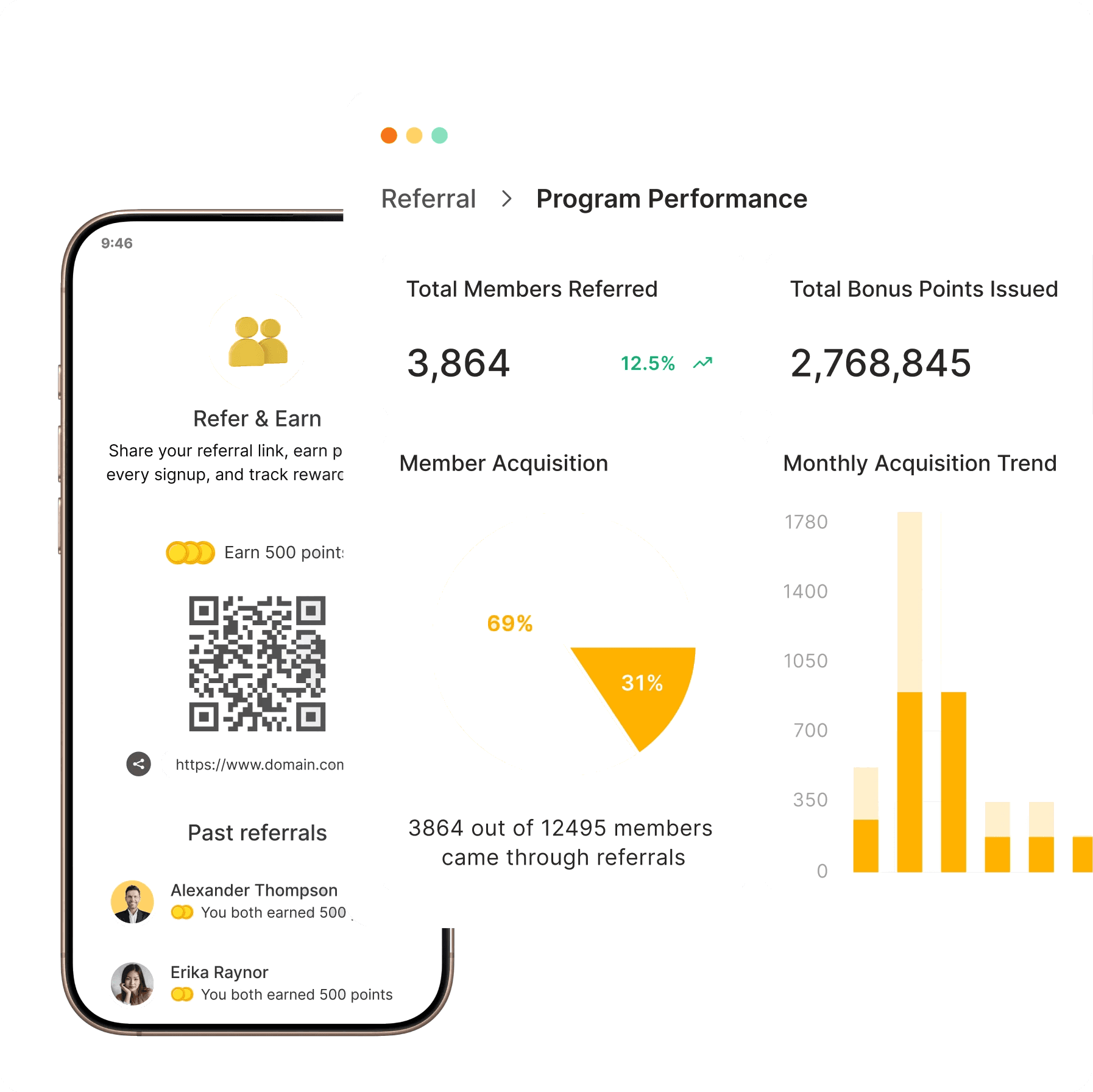 Refer and earn screen beside a referral program performance dashboard