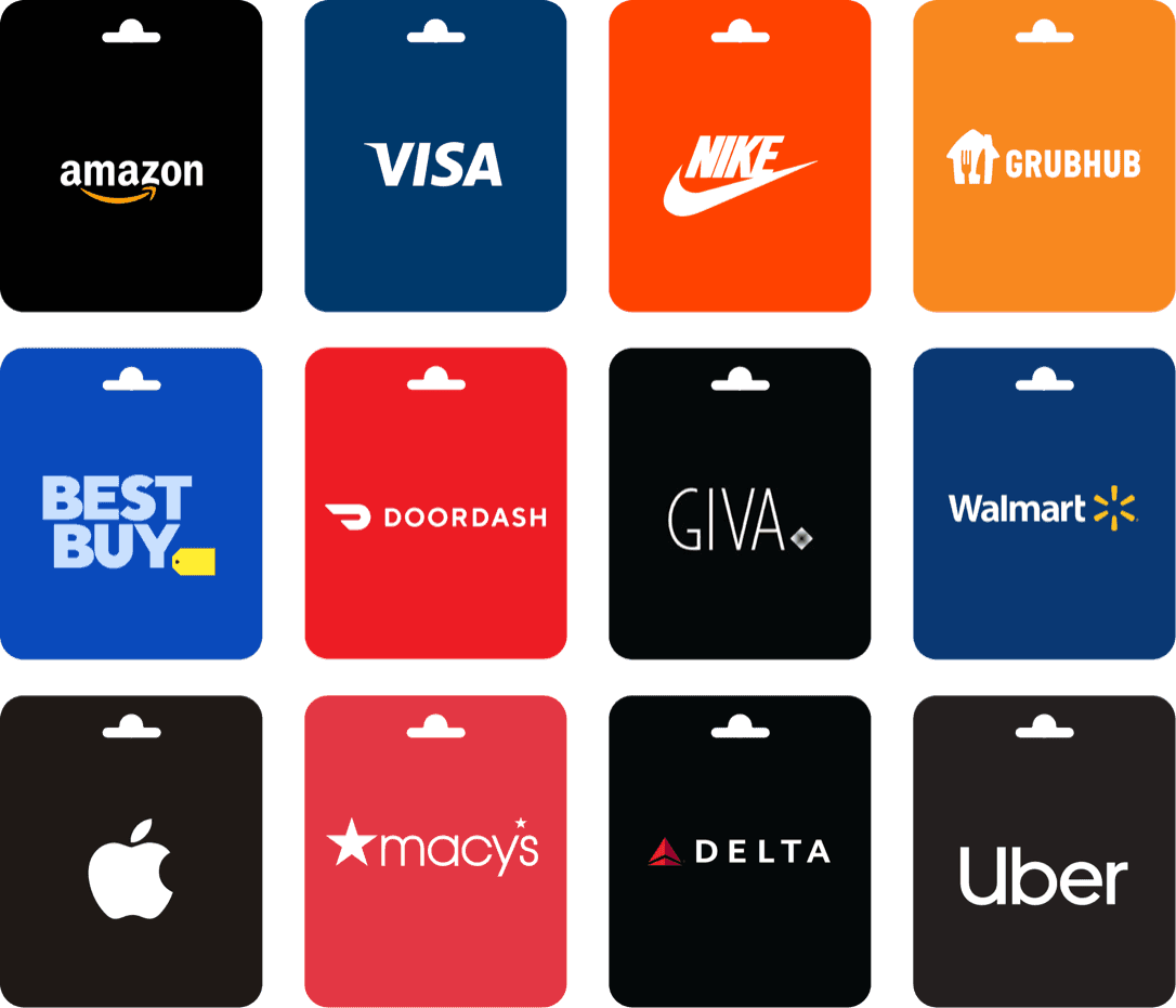 Xoxoday brand gift voucher selection grid - Amazon, Visa, Nike, Grubhub, Best Buy, DoorDash, Giva, Walmart, Apple, Macy's, Delta, Uber