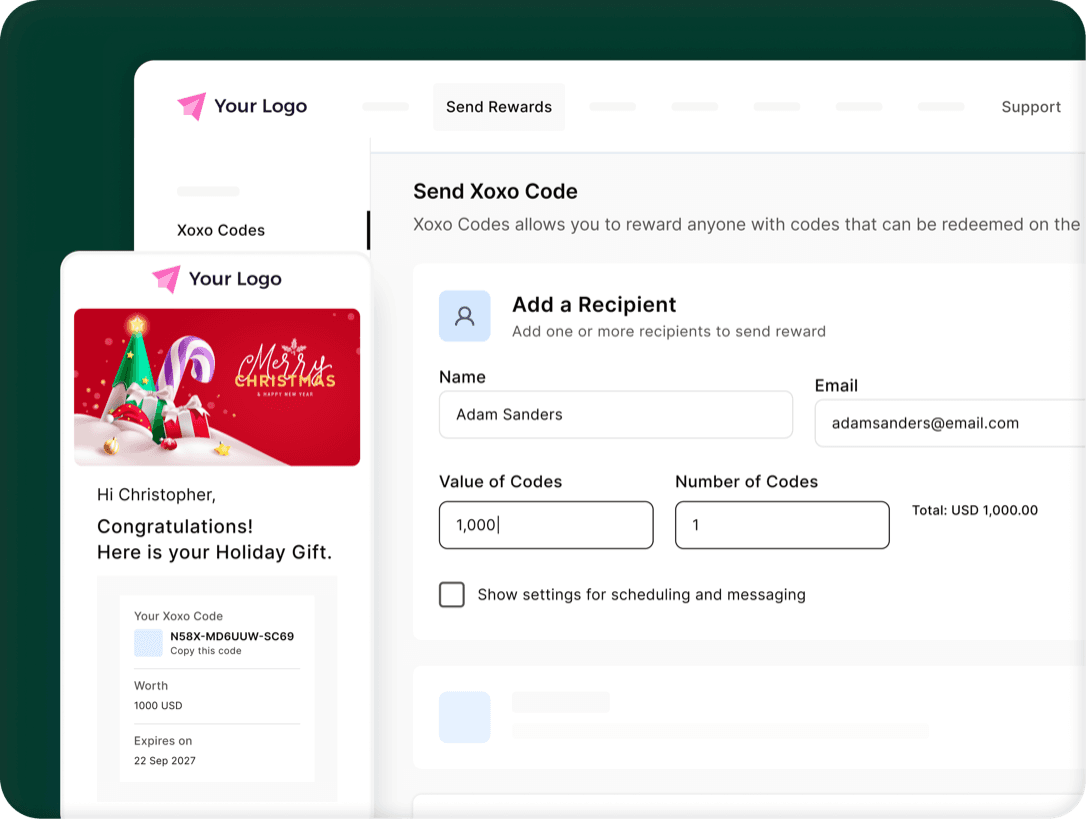 Xoxoday send gift code screen