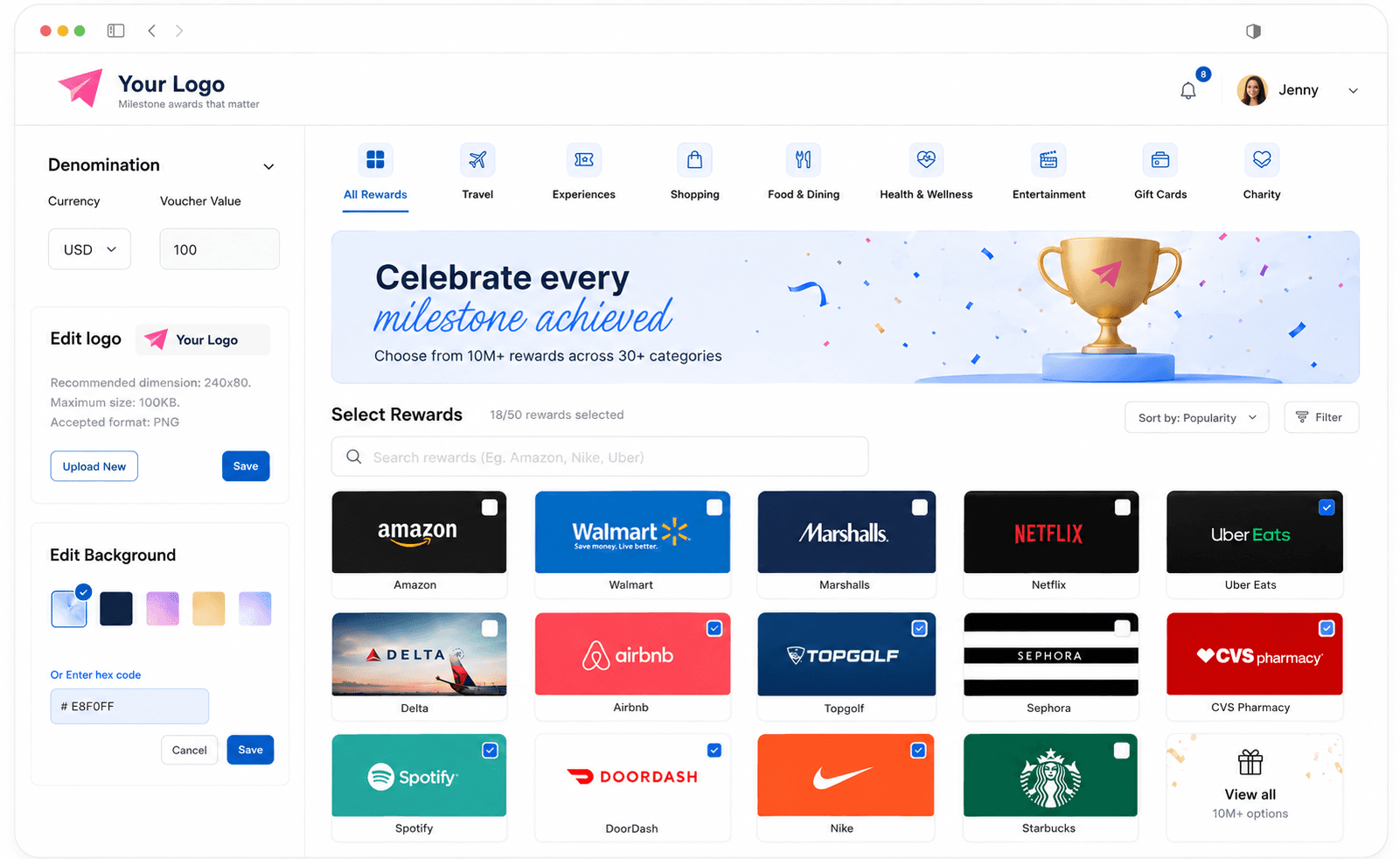 Branded award storefront with company logo and curated reward catalog