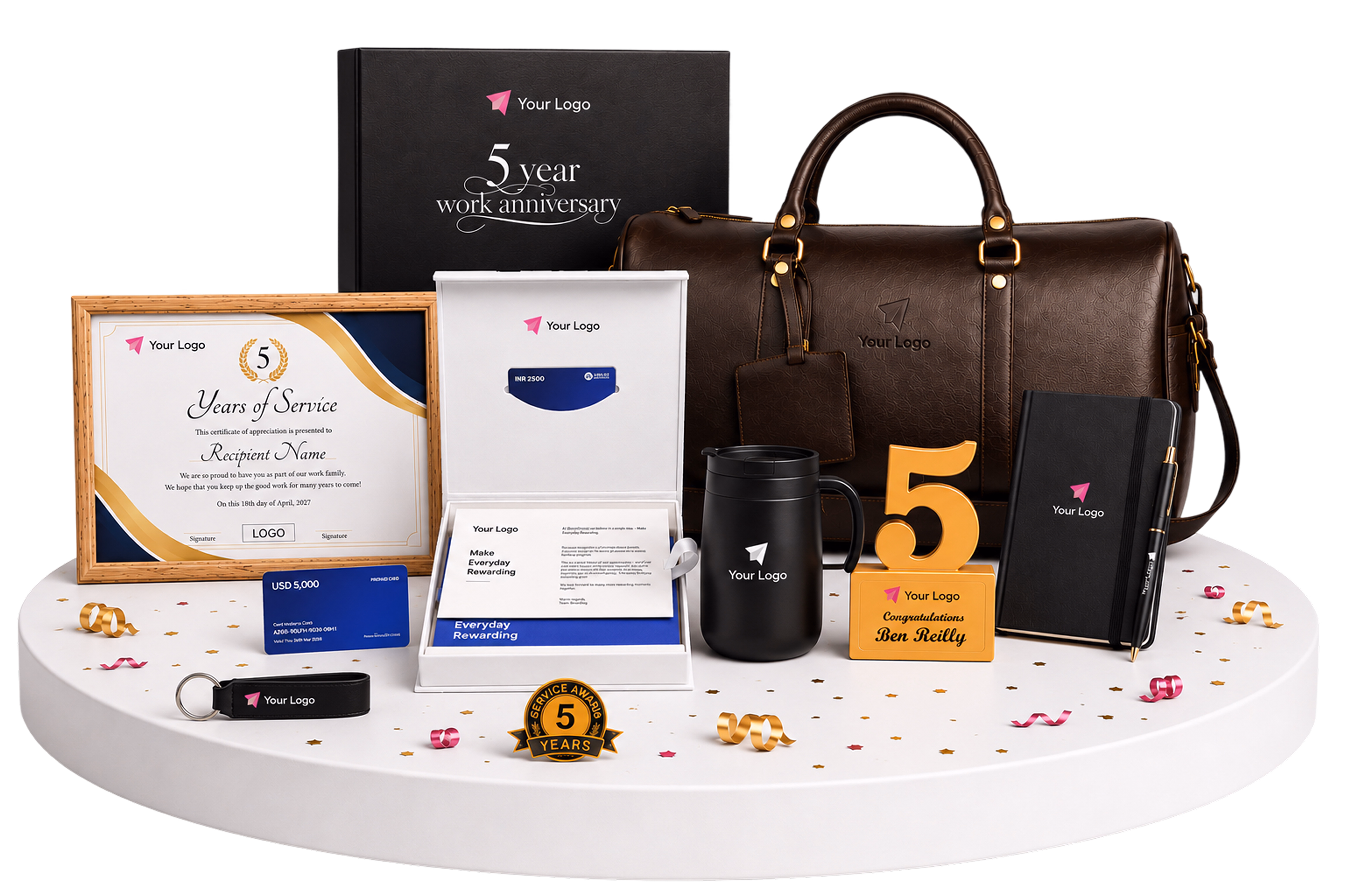 Long service award kit with a personalized certificate, trophy, gift card, and branded merchandise