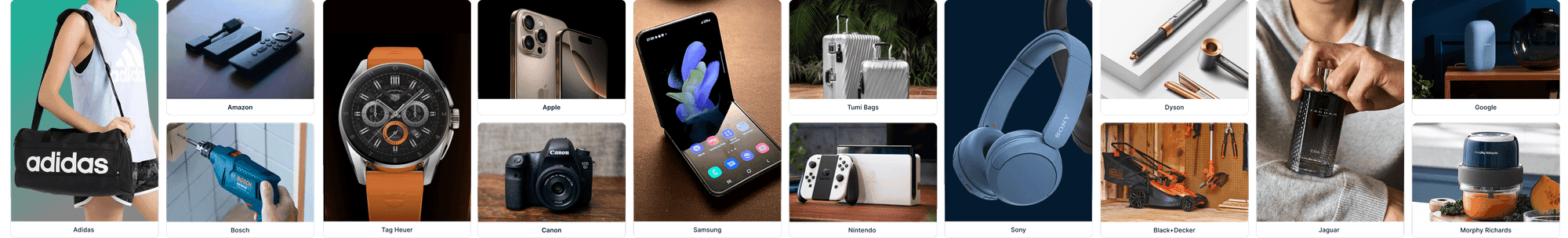 Product catalog - Amazon, Bosch, Tag Heuer, Canon, Samsung, Sony, Nintendo, Dyson, Google and more