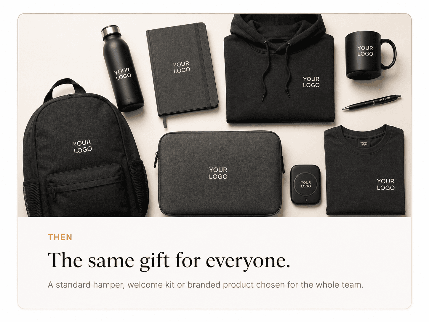 Traditional corporate gifts including branded merchandise and welcome-kit products