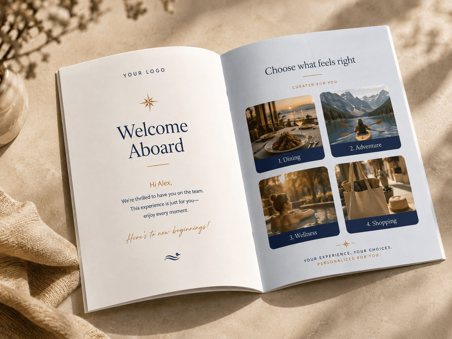 Open personalised corporate gifting booklet with a company message and curated experience choices