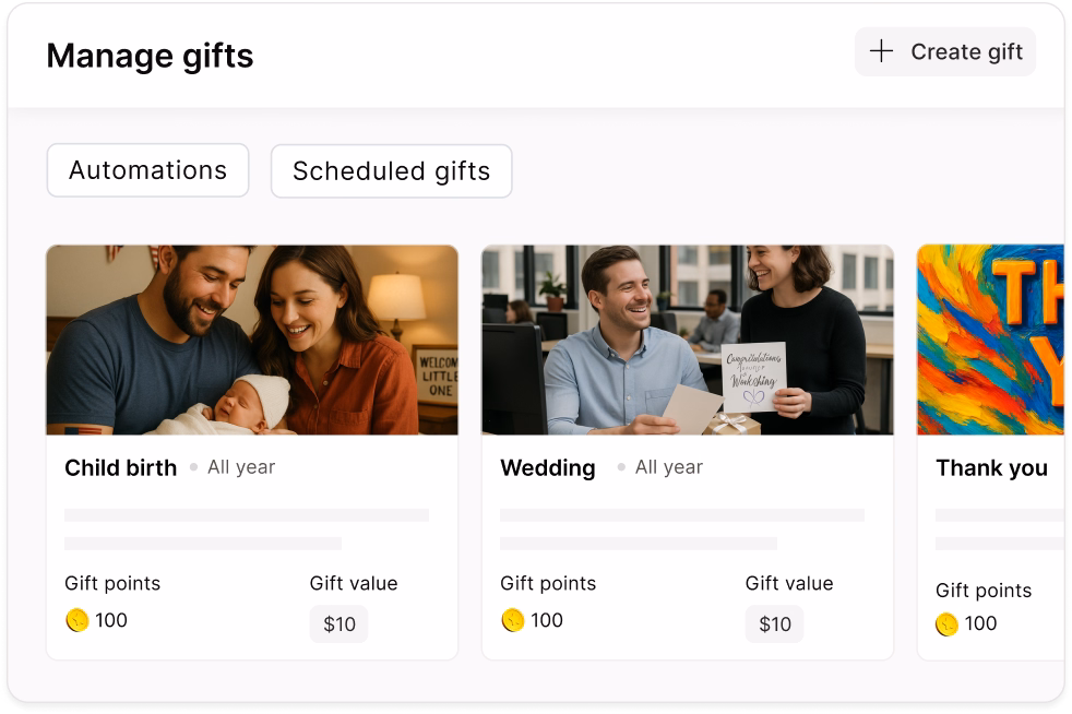 Empuls life-event playbooks list, weddings, new babies, graduations, new homes and custom moments with gifts already configured