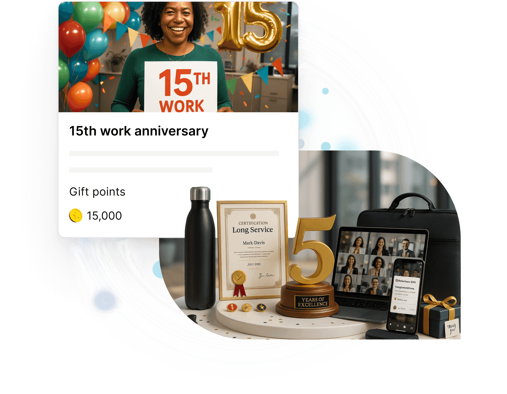 Service awards, 15th work anniversary celebration with certificate and trophy
