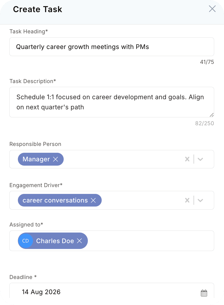 Create task modal with engagement driver, assignee, and deadline fields