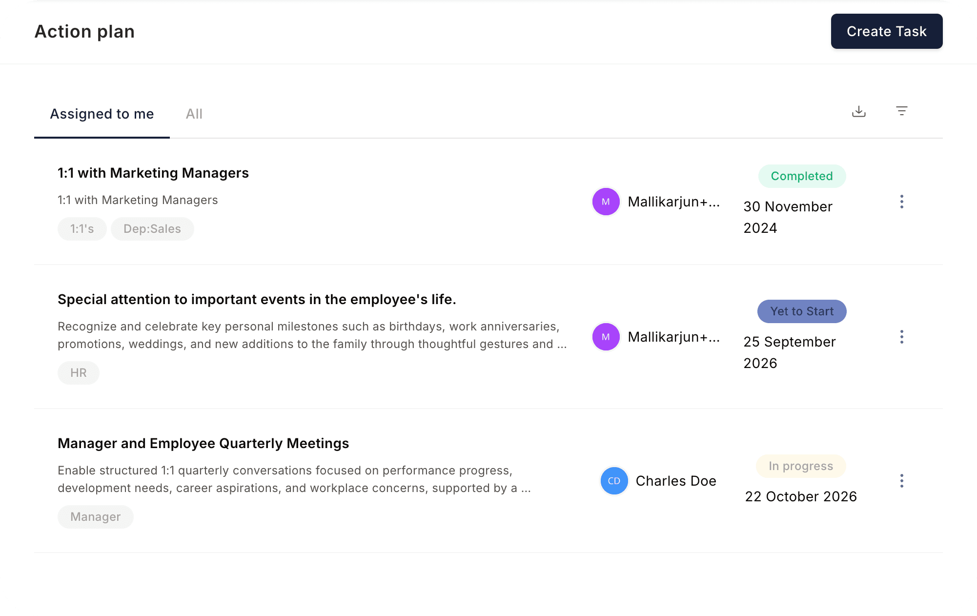 Empuls action plan list with task status, owners, and engagement drivers