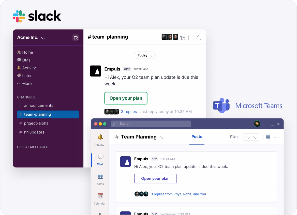 Action plan owners notified in Slack and Teams with role-based access