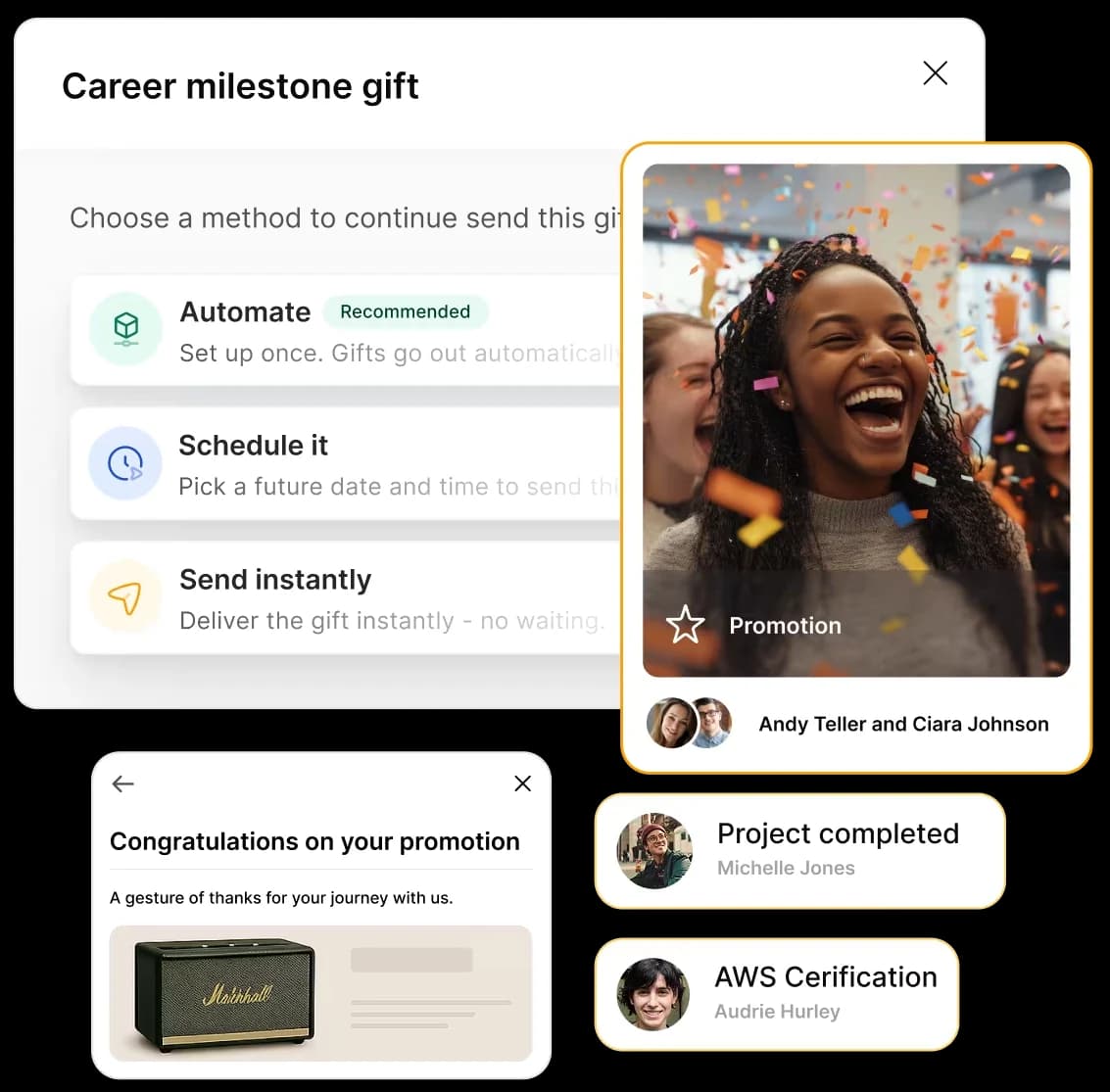 Sending a career milestone gift in Xoxoday: automate, schedule, or send instantly, with promotion and certification milestones queued alongside