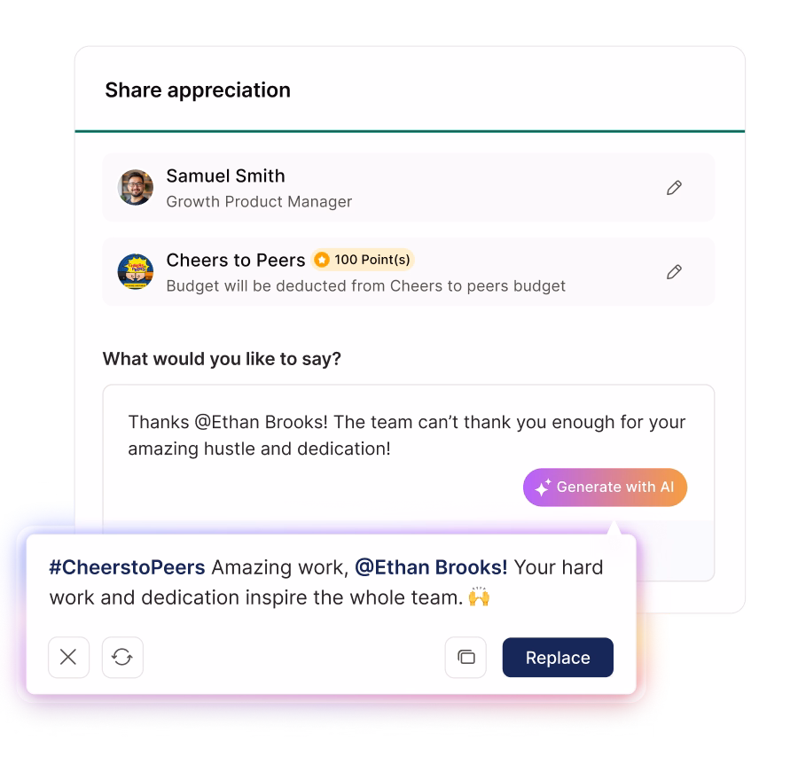 AI-composed appreciation message with a Replace option