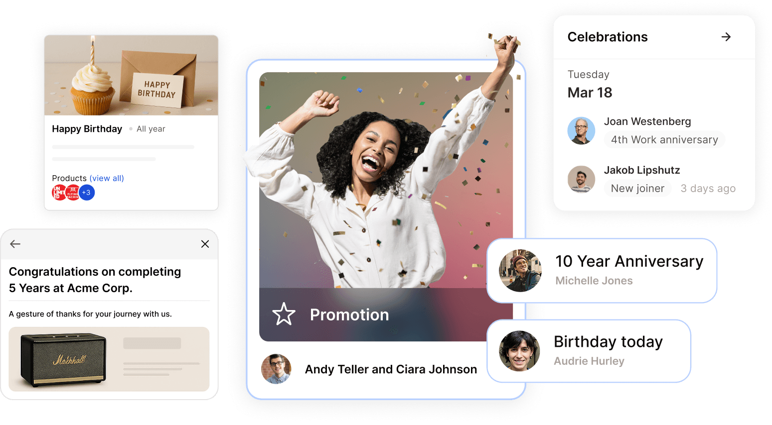 Empuls celebrations showing birthday, promotion, and work anniversary cards