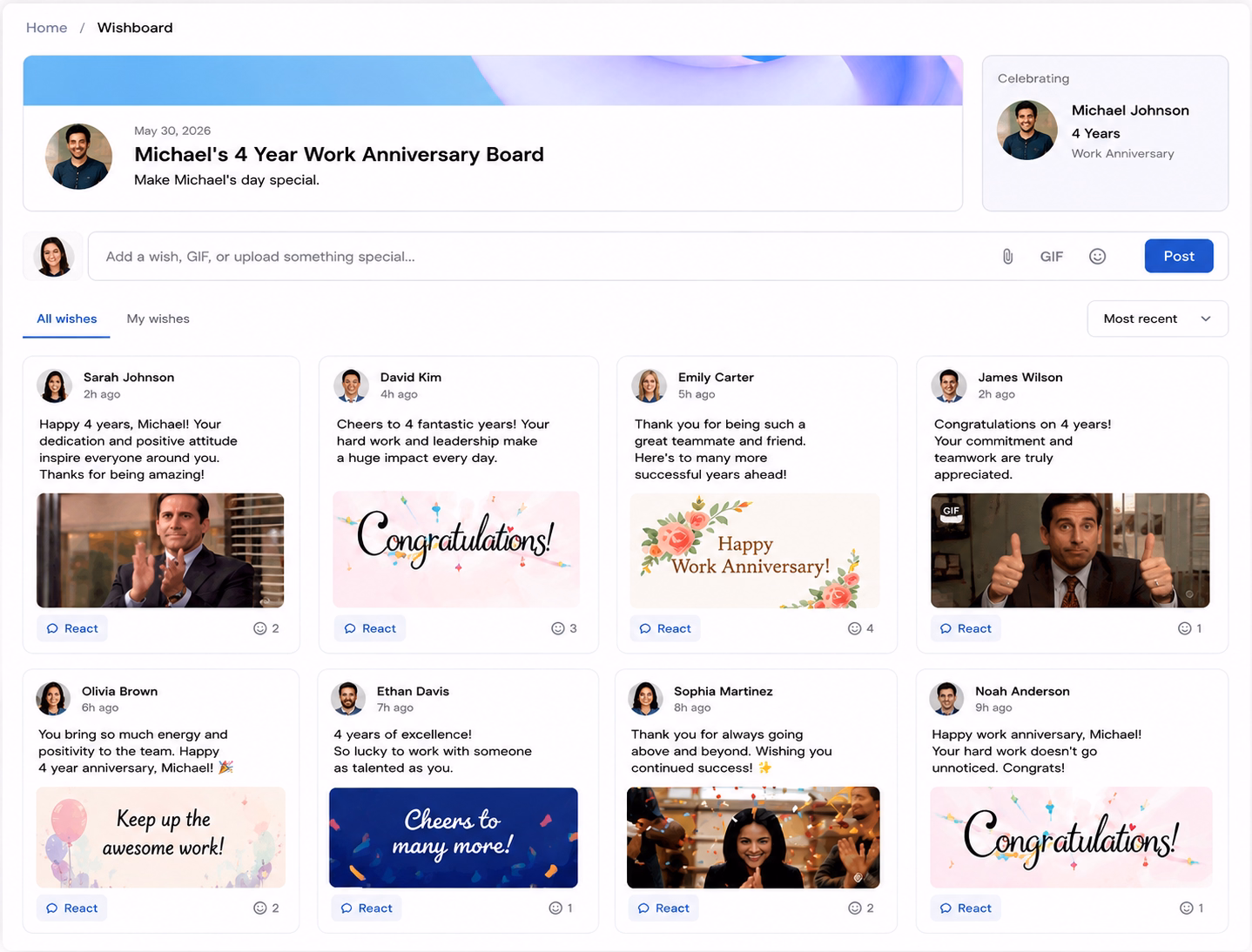 A personal Wishboard with teammates posting wishes, GIFs, and reactions