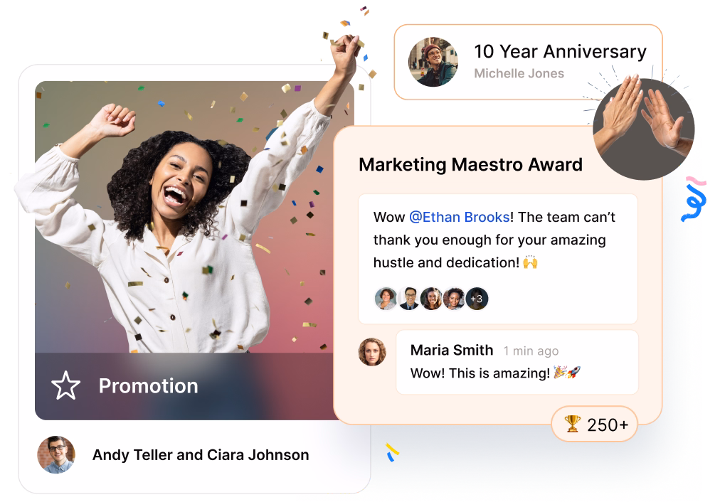Wall of Fame photo-first recognition feed with awards, anniversaries, and reactions