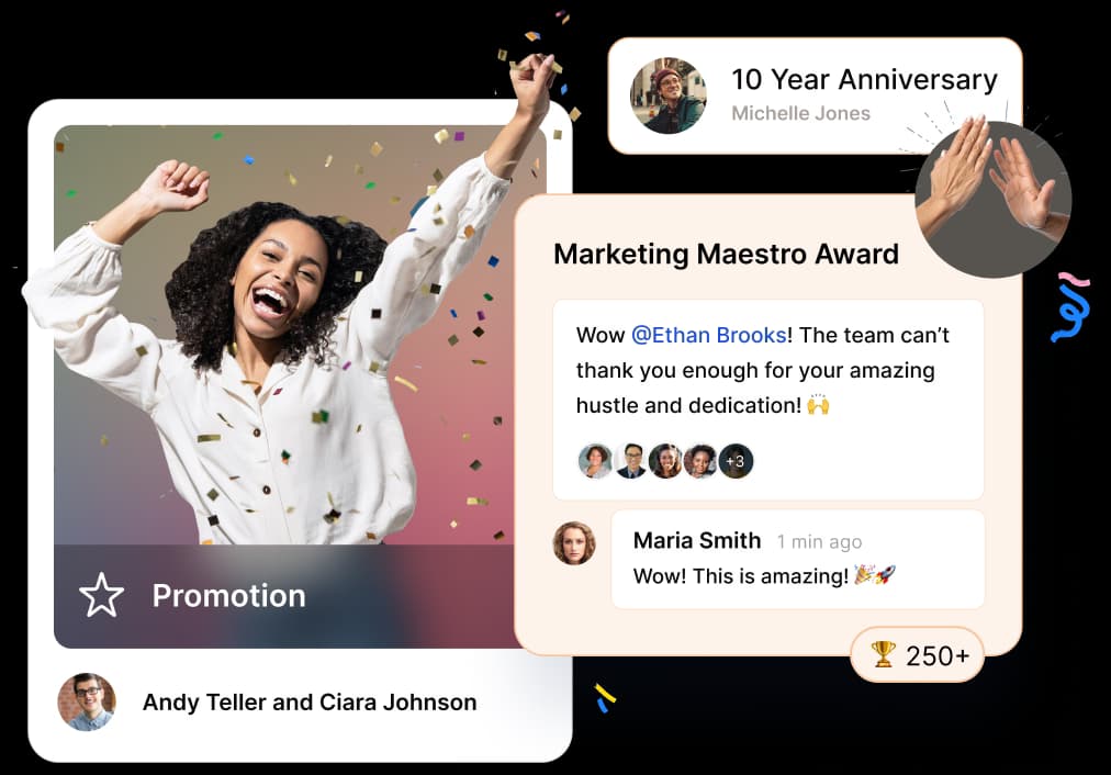 Wall of Fame photo-first recognition feed with awards, anniversaries, and reactions