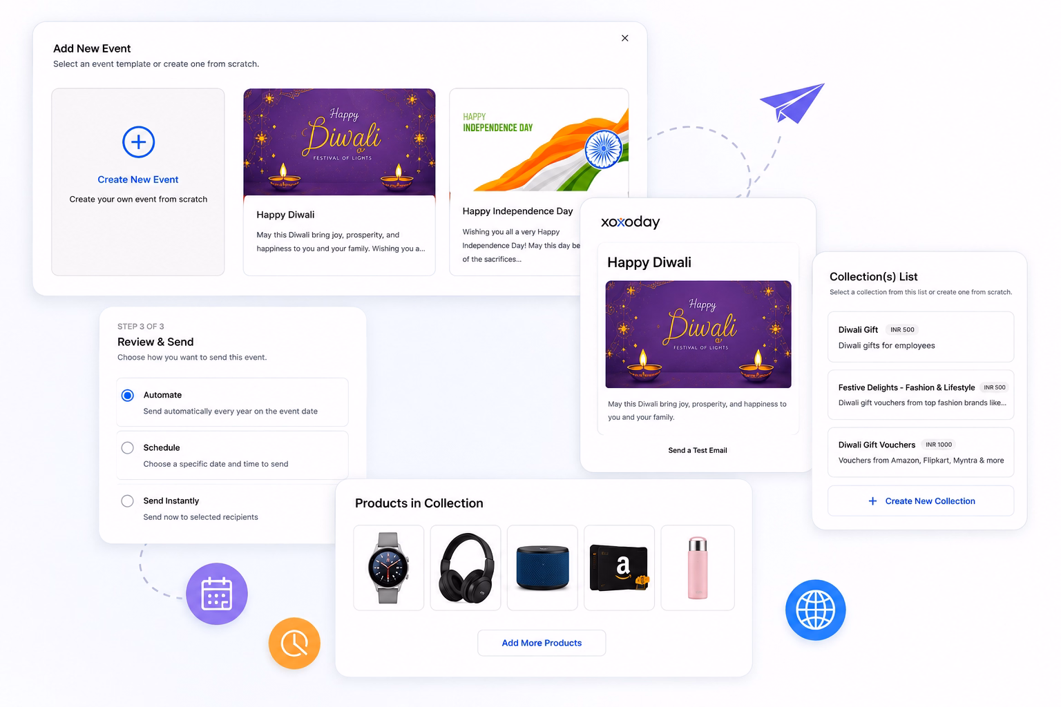 Empuls festive event flow - Add New Event with templates for Happy Diwali and Independence Day, a Review and Send step offering Automate, Schedule, or Send instantly, and a gift collection with products to choose from
