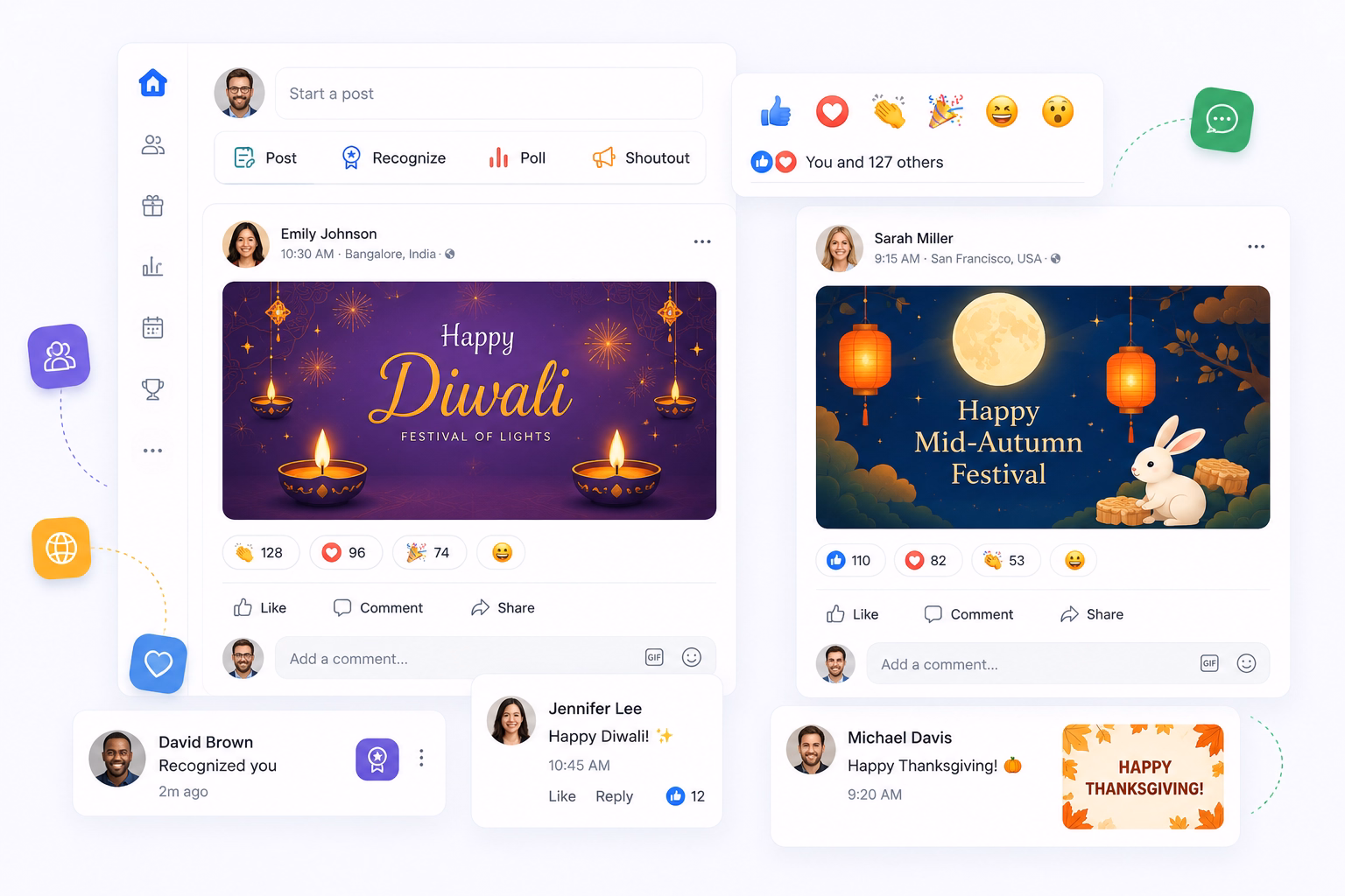 Empuls company-wide social feed showing festival posts for Happy Diwali, Mid-Autumn Festival, and Thanksgiving with reactions and comments from colleagues across teams