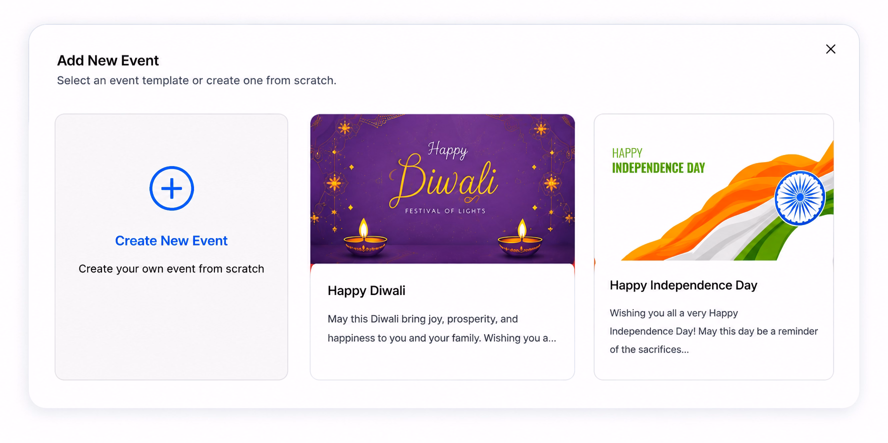 Empuls Add New Event screen with a Create New Event option and ready-made templates for Happy Diwali and Happy Independence Day, each with a banner and pre-written greeting