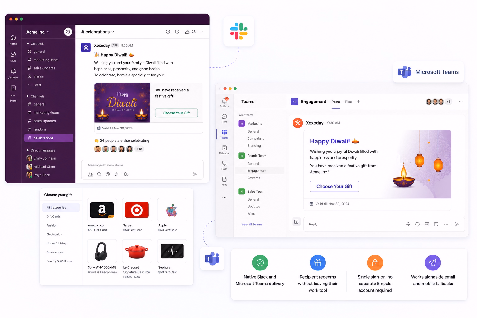 Empuls festive gift delivered inside Slack and Microsoft Teams - a Happy Diwali message with a Choose Your Gift button and a gift catalog, alongside trust points for native delivery, single sign-on, and redeeming without leaving work