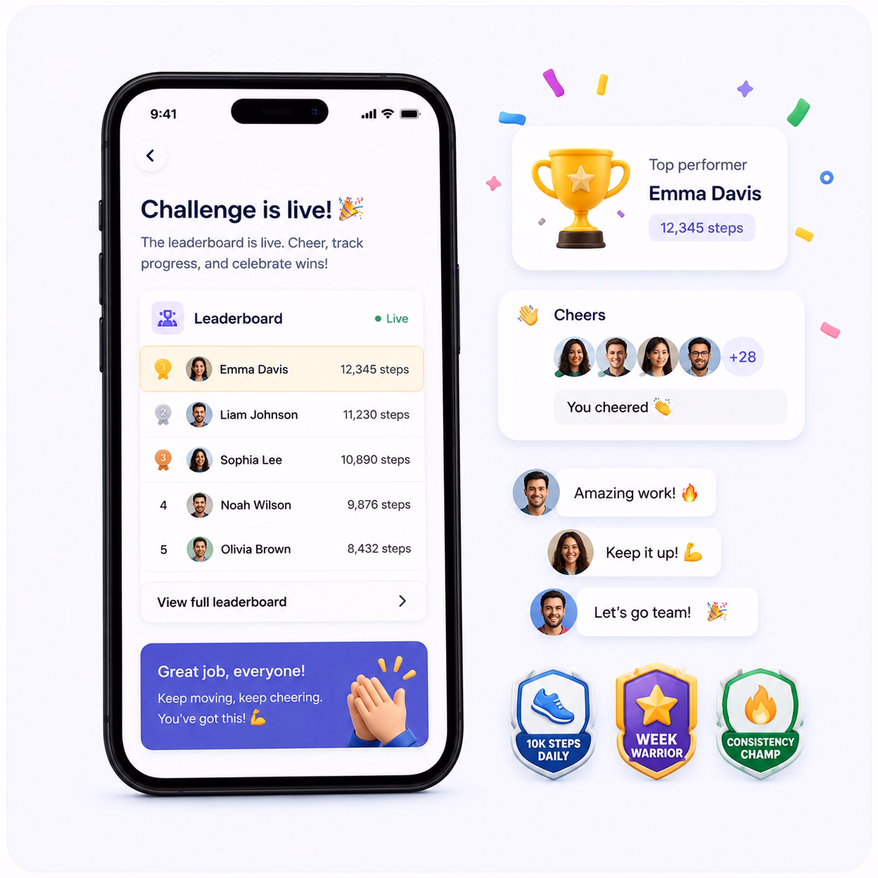 Live challenge leaderboard with streaks, cheers, and rewards