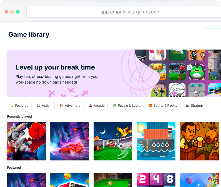 Gamezone library landing with categories and a games grid