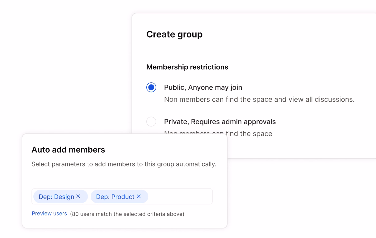 Membership rules auto-adding members by department, with a live member preview