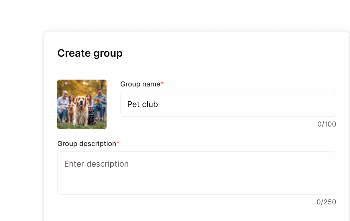 Create-group form with name, description, and cover image